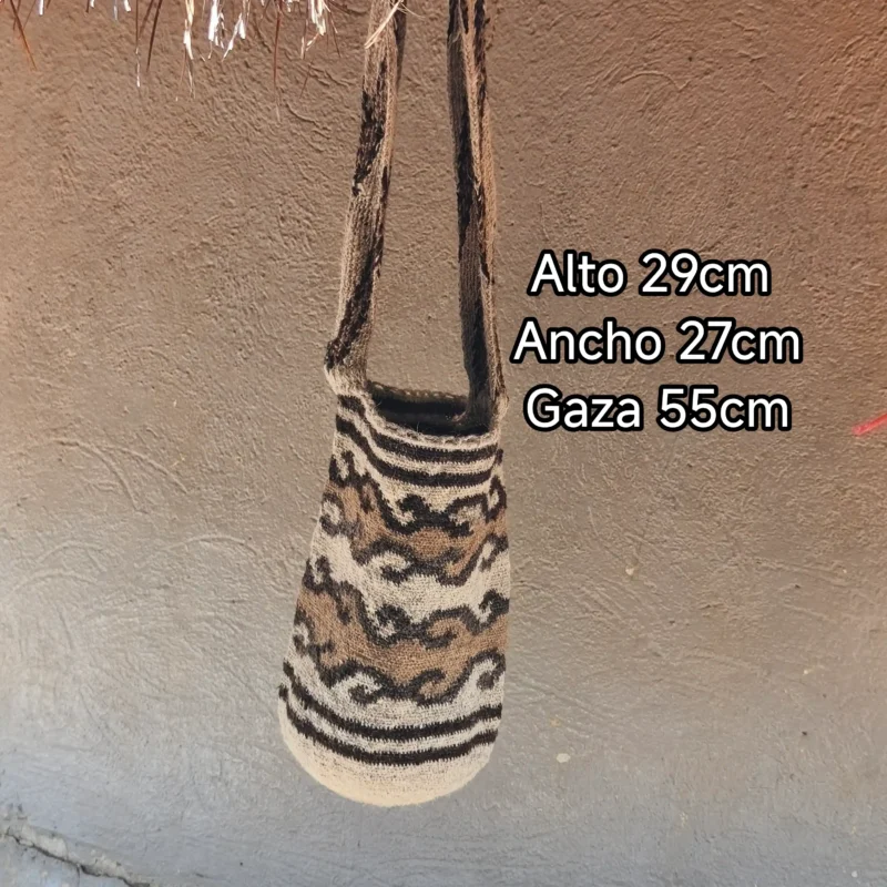 Mochila artesanal arhuaca en lana de ovejo blanco y café - modelo serpiente