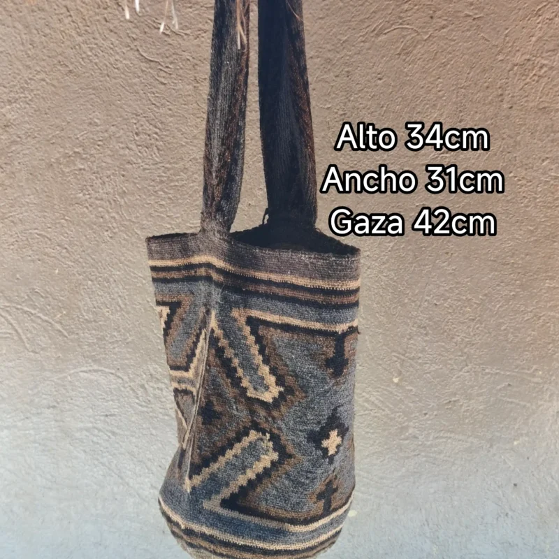 Mochila artesanal arhuaca en lana de ovejo gris y café - modelo Sierra